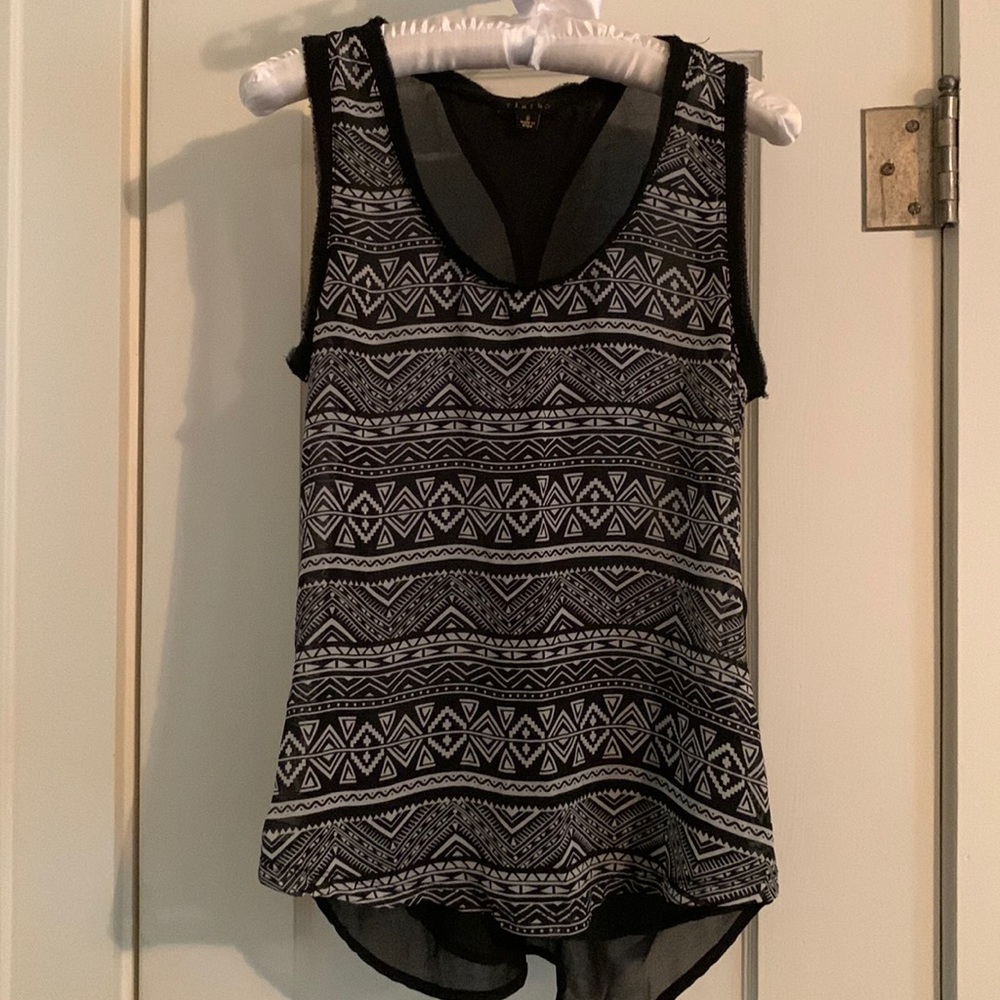 “Timing” Sleeveless Top: Semi-Sheer Fabric, Retro-Geo Print, Criss-Cross Back